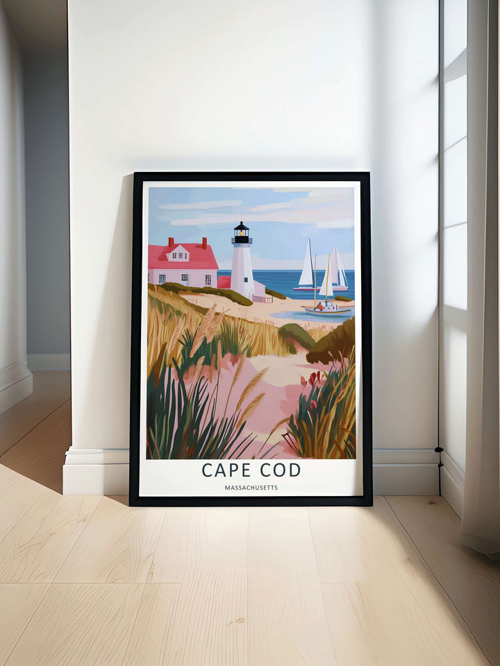 Vibrant beach grass nested among coastal dunes in a soft pastel travel poster design from Cape Cod Massachusetts. This beautiful wall art makes an excellent housewarming gift as a framed poster or simple print.