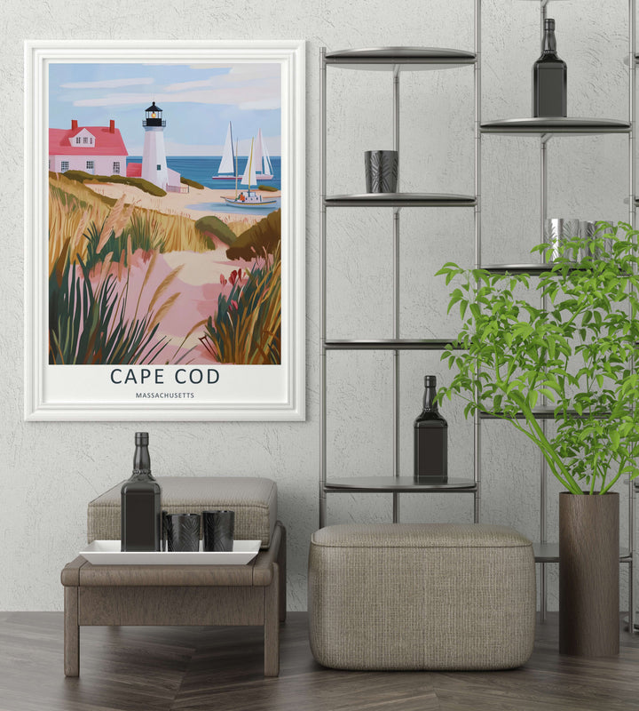 Cape Cod coastal print depicting a path flanked by tall swaying pampas grass with white sailboats on a light blue ocean. High-quality wall decor available in versatile framed and unframed print options.