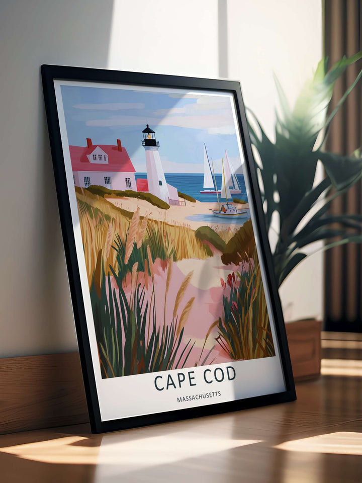 Panoramic view of a historic lighthouse on Cape Cod with a sand path cutting through lush coastal dunes. A stunning poster design perfect for living room decor as a custom framed print or paper poster.