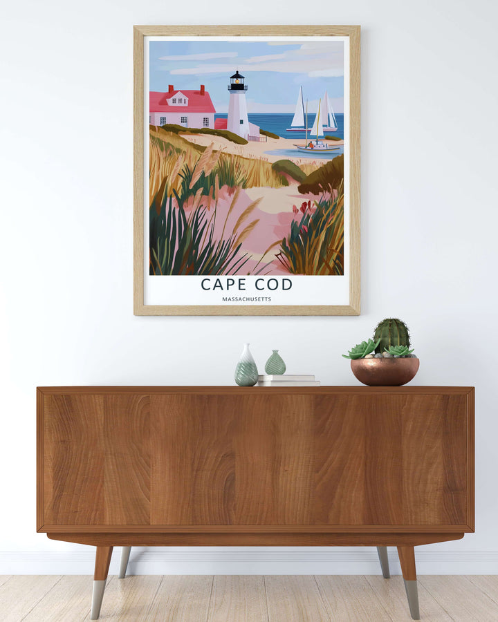 Elegant white lighthouse tower looking out over a calm light blue ocean inlet filled with classic white sailboats in Massachusetts. Upgrade your bedroom wall decor with this MapYourDreams design, available as a framed print.