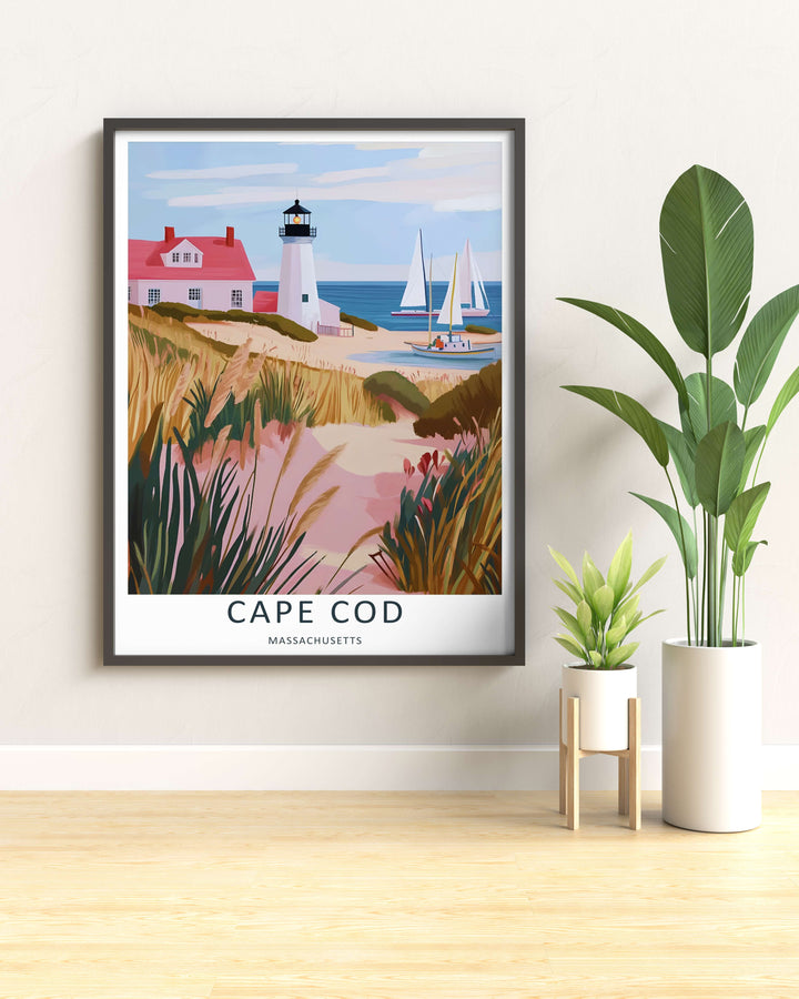 Gentle afternoon light hitting a coastal cottage with a red roof and sand dunes in a pastel Cape Cod poster. This premium wall art can be purchased as a matted framed print or minimalist paper poster.