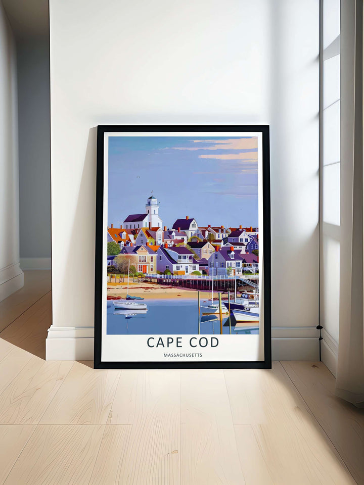 Cape Cod graphic art print showcasing the sandy harbor banks, historic seaside architecture, and nautical lifestyle of New England. This decorative harbor poster is perfectly suited for modern homes as a framed canvas print or simple paper poster.