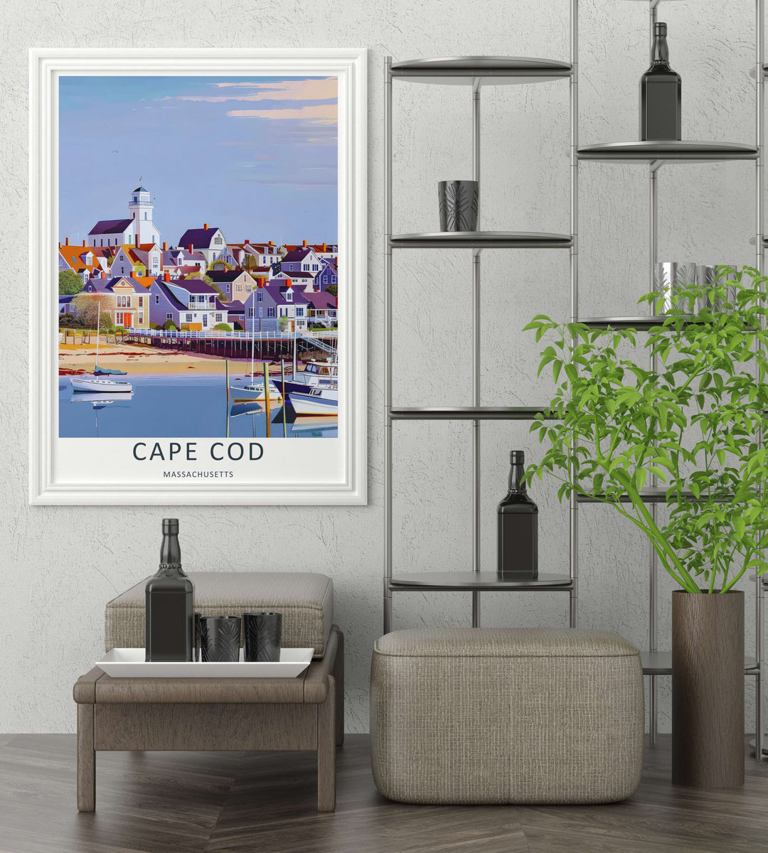 Cape Cod historic chapel tower rising above colorful roofs and seaside homes overlooking a glassy harbor marina. A striking poster design perfect for living room decor as a canvas print, framed art, or poster.