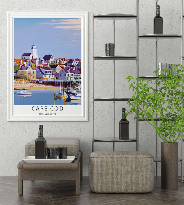 Cape Cod historic chapel tower rising above colorful roofs and seaside homes overlooking a glassy harbor marina. A striking poster design perfect for living room decor as a canvas print, framed art, or poster.
