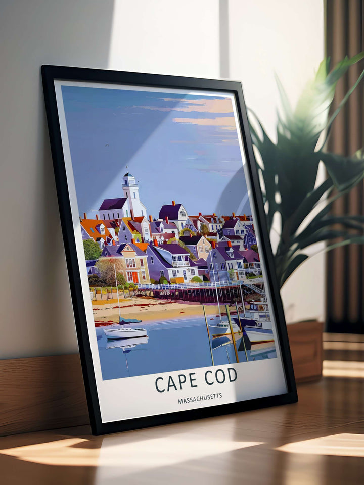 Cape Cod coastal cottages and shingled waterfront buildings nestled tightly along a sandy harbor shore. Upgrade your bedroom wall decor with this MapYourDreams design, available as a framed print or stretched canvas.