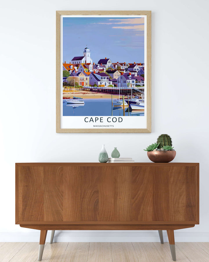 Cape Cod marina view behind a row of wooden docks with a white town cupola visible under a soft blue sky. A scenic nature poster from MapYourDreams, crafted expertly as an unframed print, wood-framed art, or canvas.