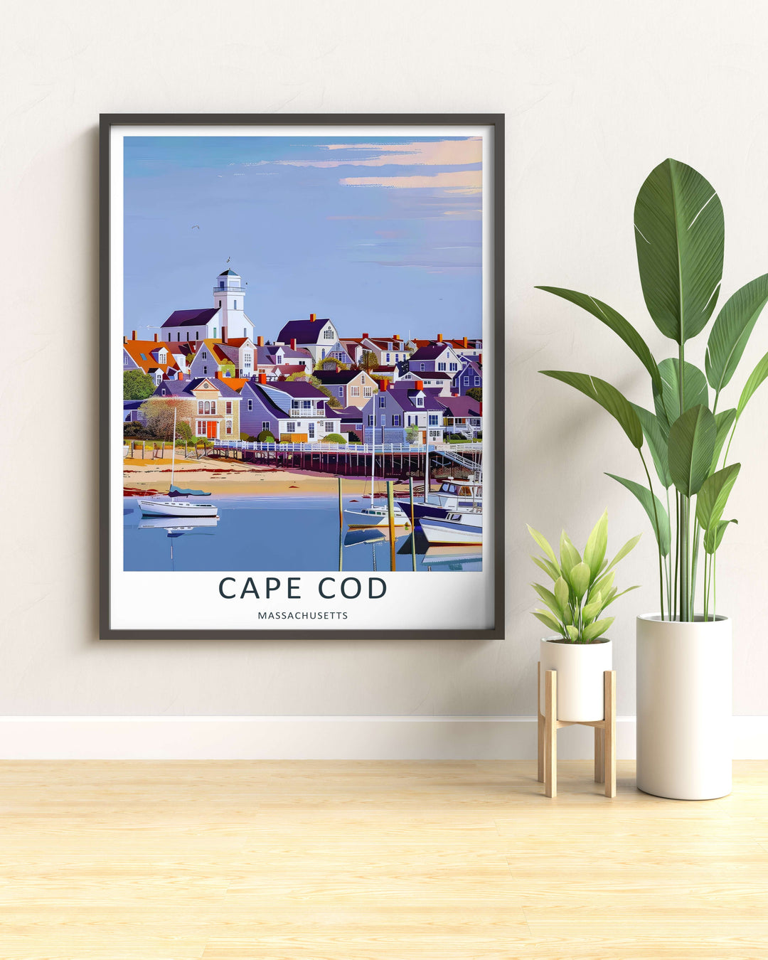 Fine art illustration of a waterfront marina with classic boats looking out onto a village skyline on Cape Cod. MapYourDreams wall decor offered in multiple sizes as an unframed print, framed print, or luxury canvas.