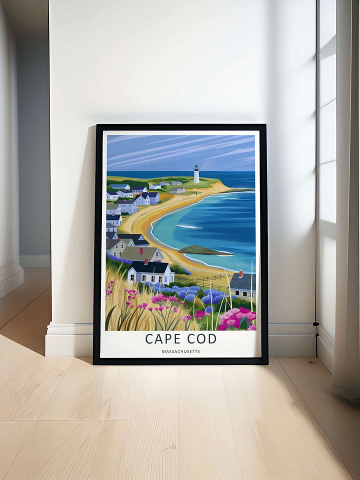 Cape Cod New England wall decor featuring a neighborhood of clustered hillside cottages overlooking a teal ocean bay. An elegant poster style piece offered as a framed print, canvas, or poster.
