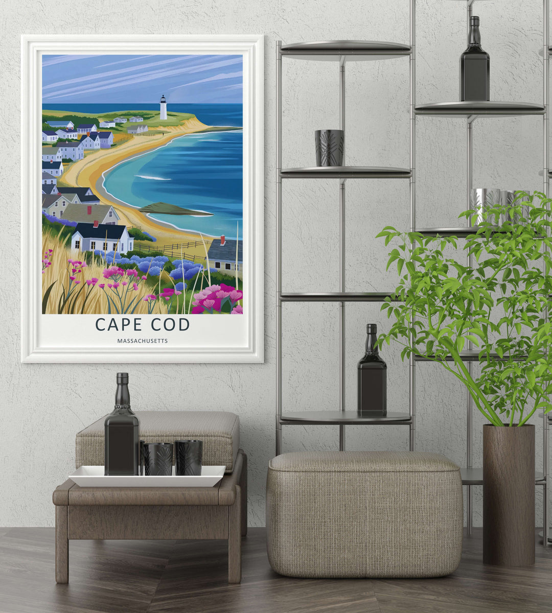 Hillside cottage architecture and a distant beacon resting on the bluffs of a beautiful ocean bay in a clean vector poster design. This beautiful wall art makes an excellent housewarming gift as a canvas print, framed poster, or simple print.
