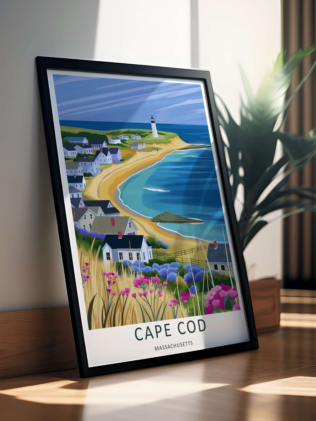 Cape Cod graphic art print showcasing the sandy crescent beach, hillside cottages, and wild pink flowers of New England. This decorative coastline poster is perfectly suited for modern homes as a framed canvas print or simple paper poster.