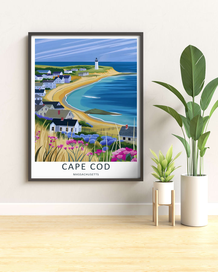 Cape Cod hillside homes with dark roofs and red chimneys nestled on sea cliffs in a modern Massachusetts print. Upgrade your bedroom wall decor with this MapYourDreams design, available as a framed print or stretched canvas.