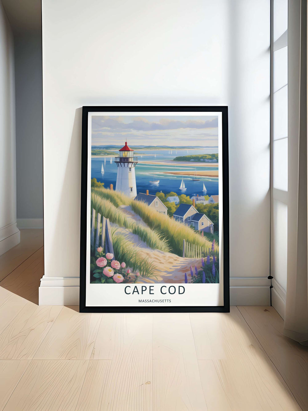 Cape Cod nautical destination art print highlighting the peaceful views of an ocean inlet with a painterly texture. Elevate your gallery wall with this MapYourDreams travel poster in framed, canvas, or print formats.