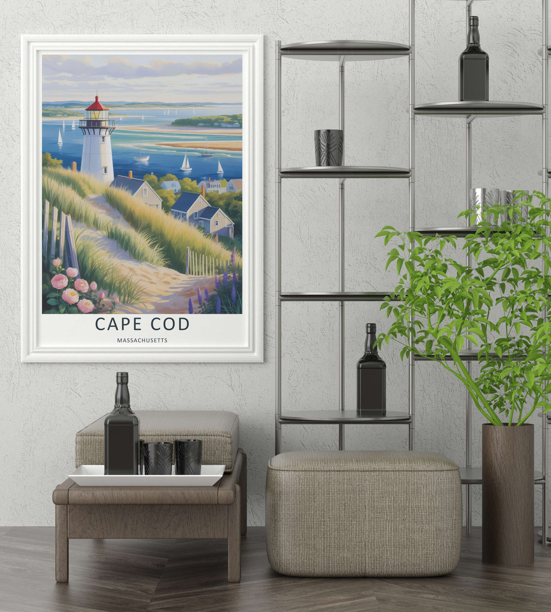 Massachusetts nature travel poster illustrating several sailing yachts gliding across a quiet ocean harbor under a soft summer sky. A timeless coastal scene available from MapYourDreams as an unframed poster or durable canvas.