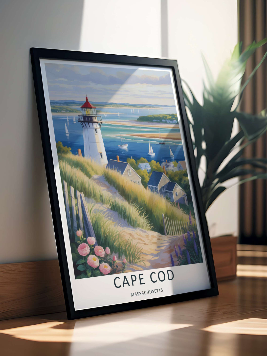 Elegant white lighthouse tower looking out over a calm blue ocean inlet filled with classic white sailboats in Massachusetts. Upgrade your bedroom wall decor with this MapYourDreams design, available as a framed print or stretched canvas.