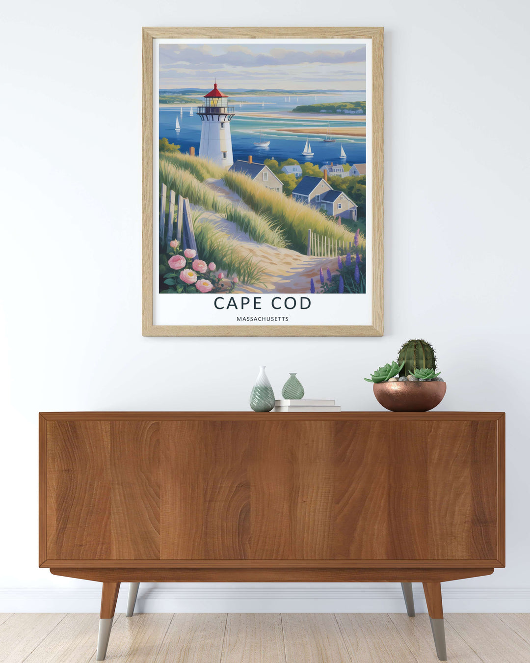 Cape Cod coastal beach scene capturing the iconic coastline of New England with a wooden fence and blooming lupines. This rustic travel poster makes great beach house wall art when ordered as a canvas, framed print, or poster.