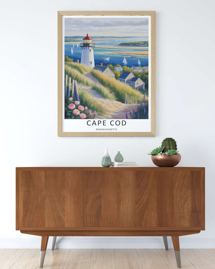 Cape Cod coastal beach scene capturing the iconic coastline of New England with a wooden fence and blooming lupines. This rustic travel poster makes great beach house wall art when ordered as a canvas, framed print, or poster.