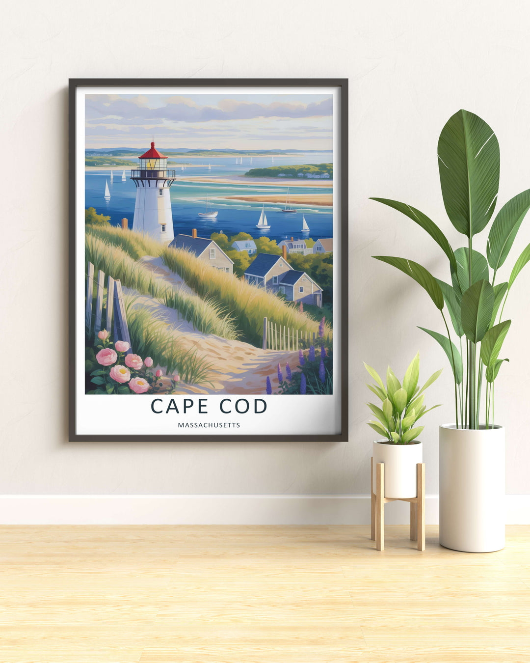Crisp maritime landscape print depicting sailing yachts resting on deep blue ocean water near a scenic harbor in Cape Cod. An ideal travel poster for office wall decor, available in versatile framed, canvas, and poster options.
