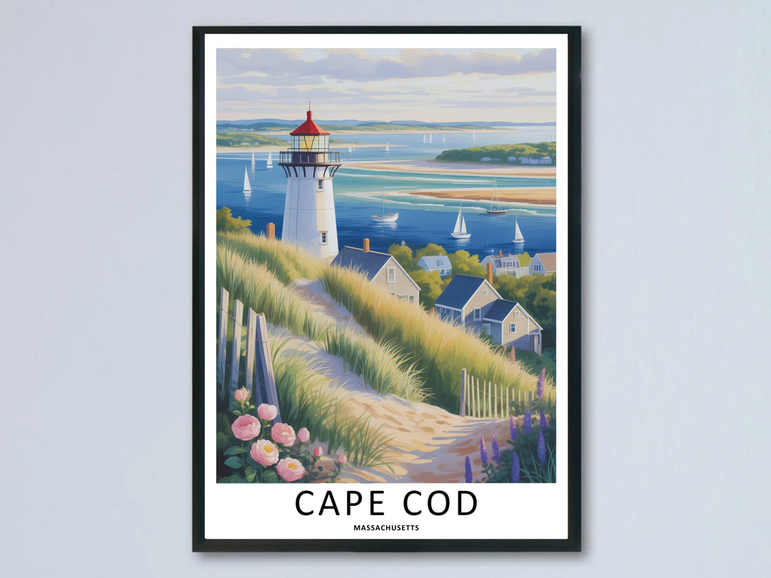 Cape Cod Massachusetts travel poster showing a historic red and white lighthouse on grassy sand dunes with sailboats on the water. This premium coastal wall art is sold as a framed print, canvas, or unframed poster by MapYourDreams.