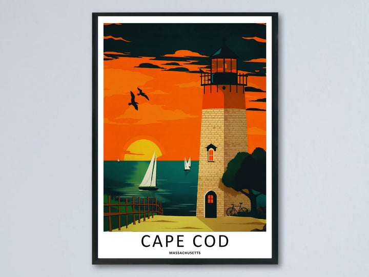 Cape Cod Massachusetts sunset poster showing a vintage stone brick lighthouse against a vibrant orange sunset sky with a large yellow sun. This coastal wall art is sold as a framed canvas or unframed print by MapYourDreams.
