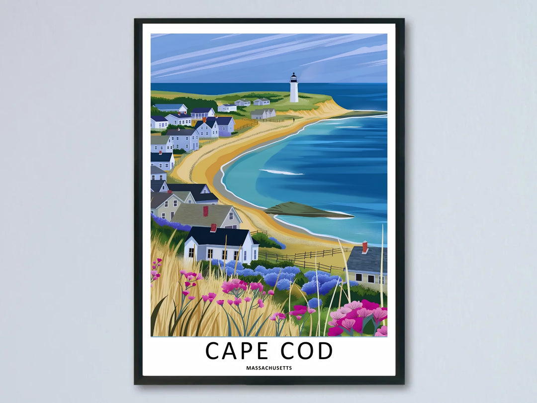 Retro style coastline poster capturing the timeless, peaceful atmosphere of a sunny afternoon on the peninsula of Massachusetts. Meticulously crafted by MapYourDreams and available as a canvas wrap, matted framed print, or poster.