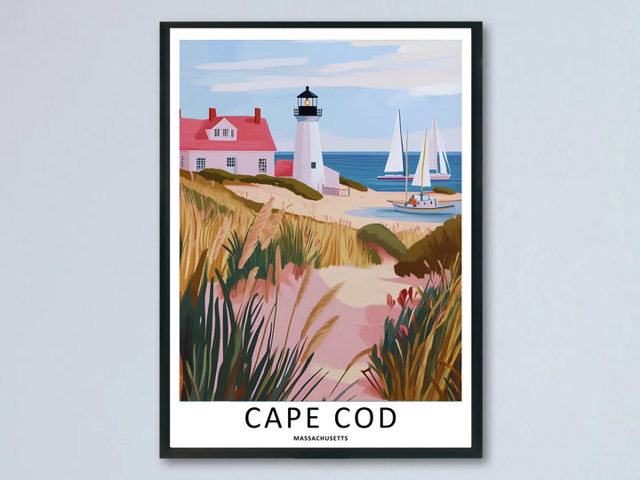 Cape Cod Massachusetts wall print showing a white lighthouse and a red-roofed cottage along a pastel sand dune trail. This coastal wall art is sold as a framed poster or unframed print by MapYourDreams.