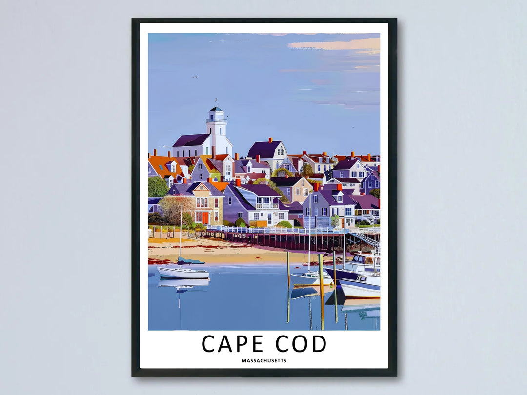 Cape Cod Massachusetts harbor marina poster showing a historic waterfront village with clustered houses and a white tower cupola. This coastal wall art is sold as a framed canvas or unframed print by MapYourDreams.