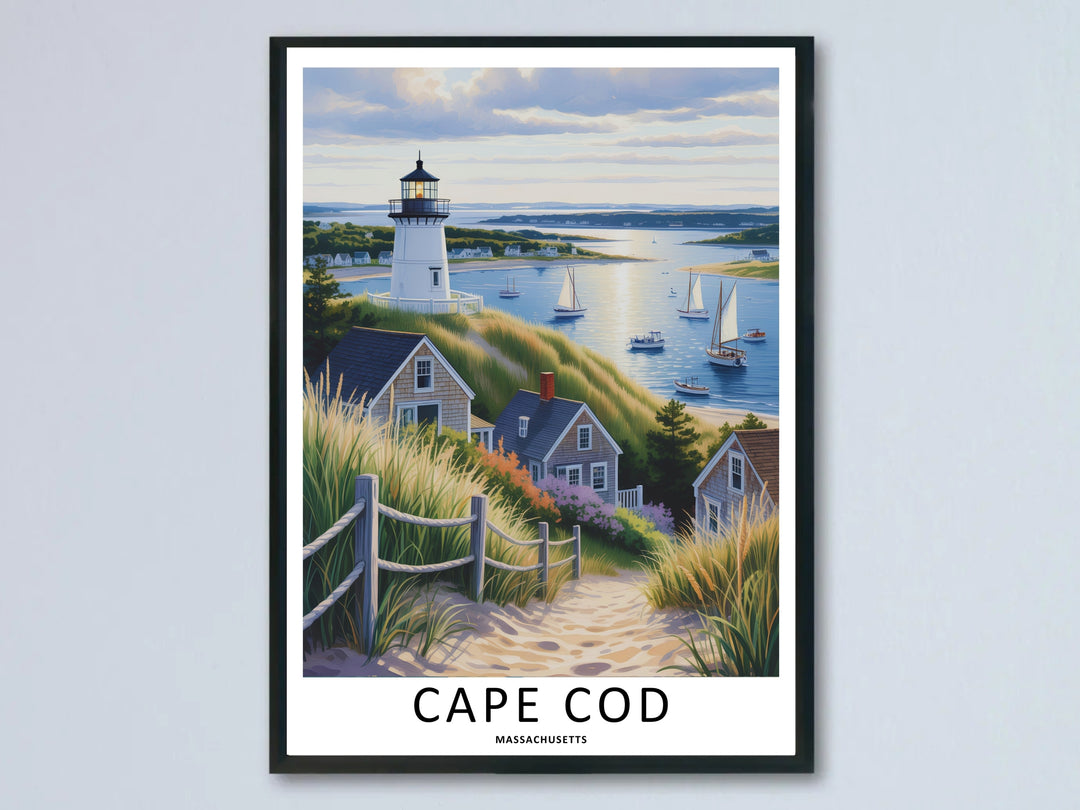 Retro style art print capturing the timeless, peaceful atmosphere of a sunny afternoon on the coast of Massachusetts. Meticulously crafted by MapYourDreams and available as a canvas wrap, matted framed print, or poster.