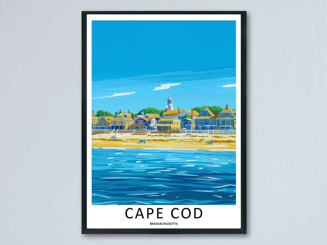 Cape Cod Massachusetts beachfront village print showing colorful historic houses along a sandy beach and blue ocean. This coastal wall art is sold as a framed display or unframed print by MapYourDreams.