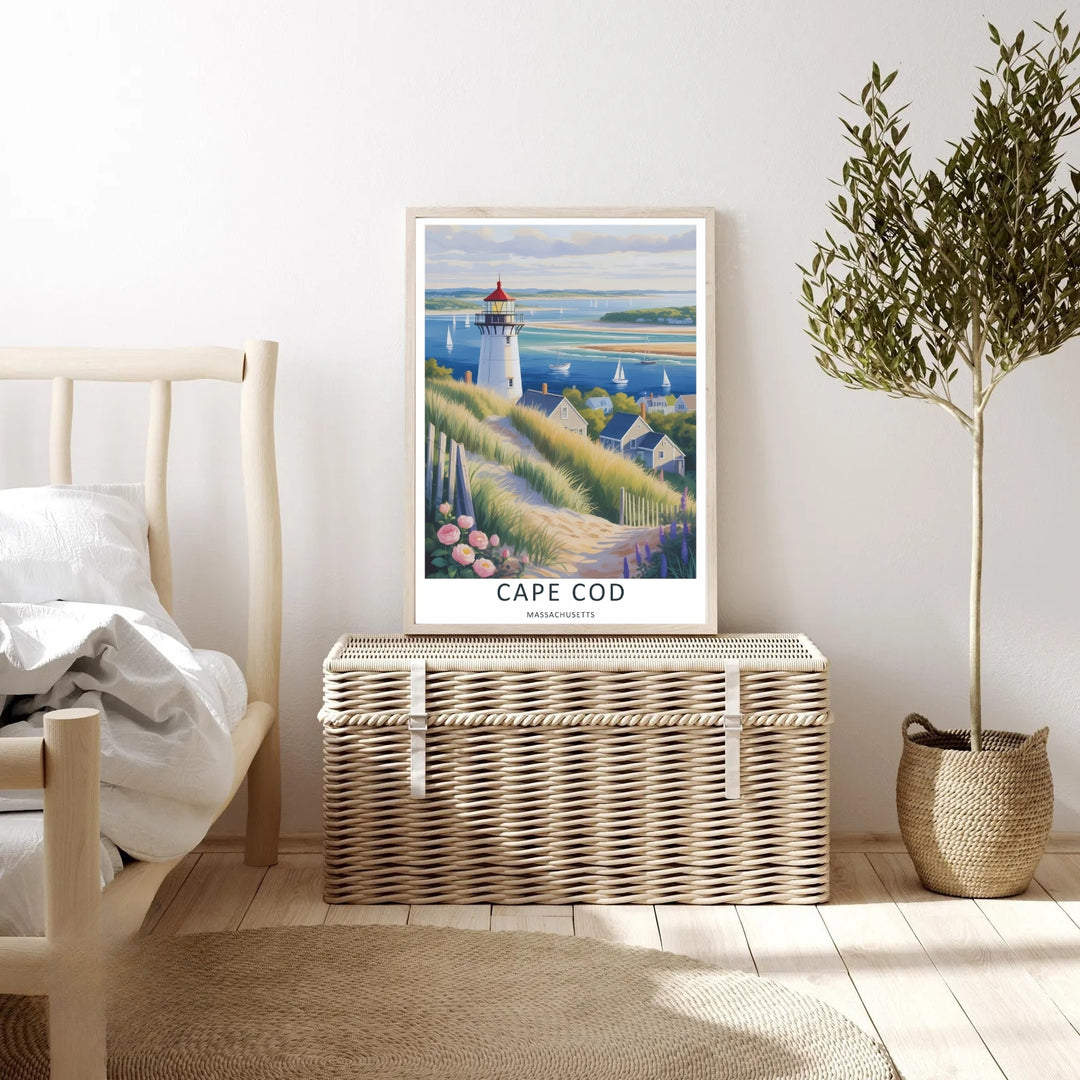 Panoramic view of a historic lighthouse on Cape Cod with a wooden picket fence cutting through lush green beach grass. A stunning travel poster design perfect for living room decor as a canvas print, framed art, or poster.