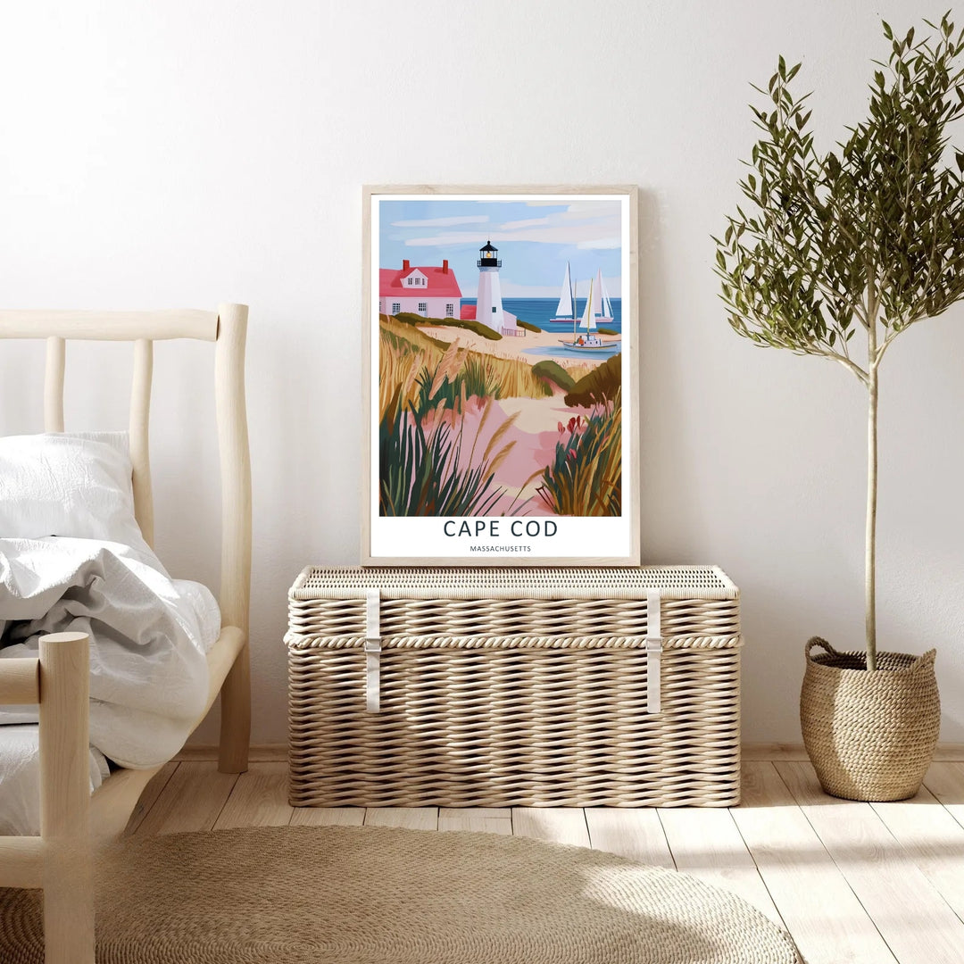 Cape Cod coastal beach scene capturing the iconic coastline of New England with a sandy trail and wild pampas grass. This rustic poster makes great beach house wall art when ordered as a framed print or poster.