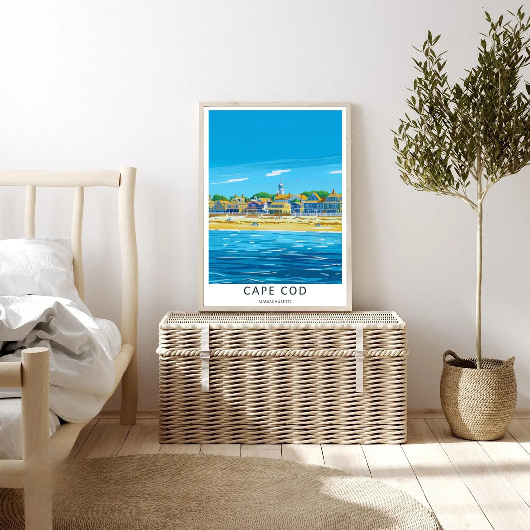 Cape Cod historical buildings and colorful oceanfront cottages nestled along the shore in a modern Massachusetts print. Upgrade your bedroom wall decor with this MapYourDreams design, available as a ready-to-hang framed print.