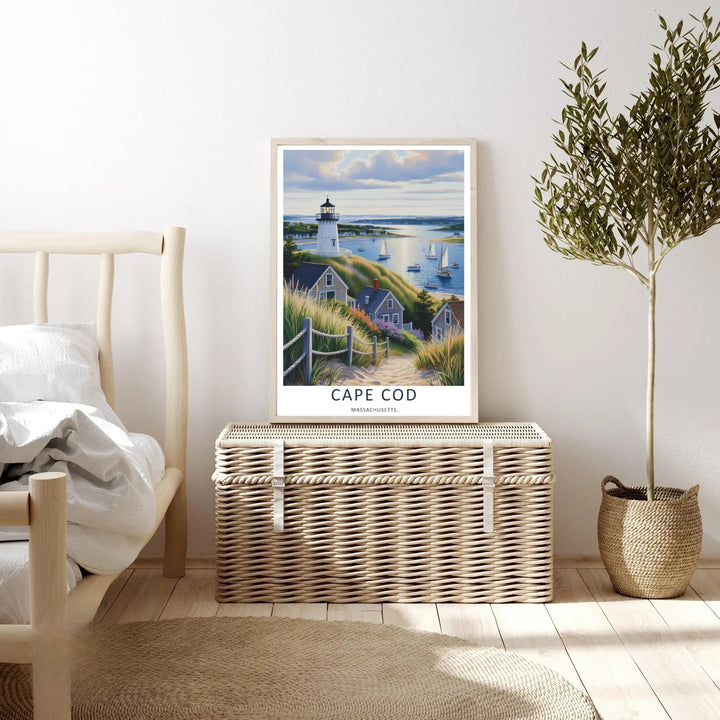 Cape Cod coastal beach scene capturing a sunny afternoon on the coastline of Massachusetts with a classic rope fence and blooming hydrangeas. This poster makes great beach house wall art as a canvas, framed print, or poster.