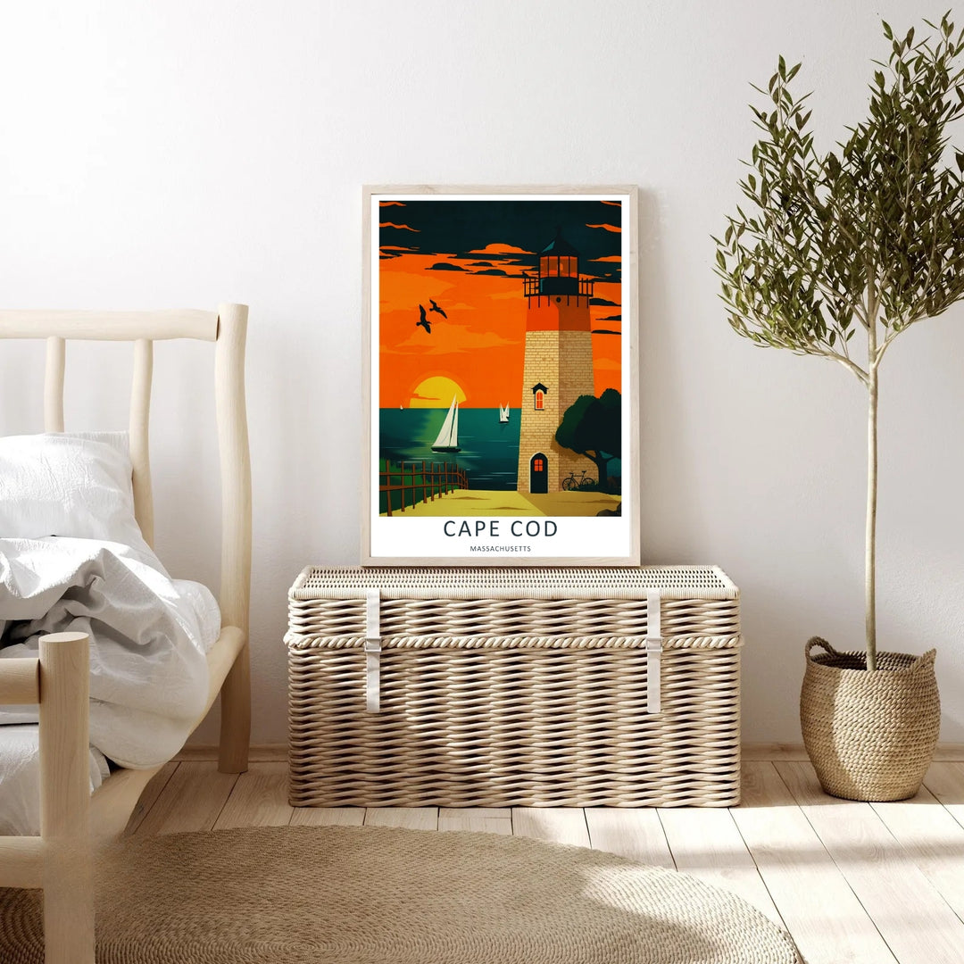 Cape Cod coastal beach scene capturing a warm orange sky and a brilliant yellow sun casting reflections on the water. This poster makes great beach house wall art as a canvas, framed print, or poster.