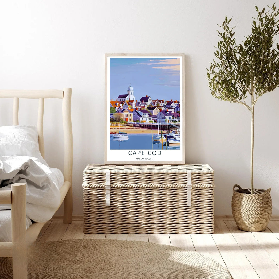 Cape Cod harbor town scene capturing crystal clear water reflections of boats docked by a coastal boardwalk. This poster makes great beach house wall art as a canvas, framed print, or poster.