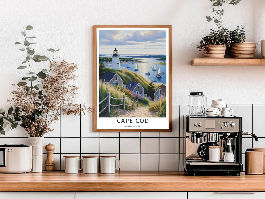 Cape Cod graphic vector style art print illustrating a bright summer afternoon on the shores of Massachusetts. This beautiful landscape wall art by MapYourDreams comes as an unframed poster, gallery canvas, or custom framed print.