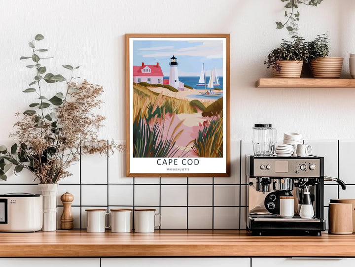 Impressionistic art poster featuring a scenic white lighthouse over a soft pink sand hill with ocean horizon lines. Designed for modern homes as an elegant ready-to-hang framed poster or standard paper print.