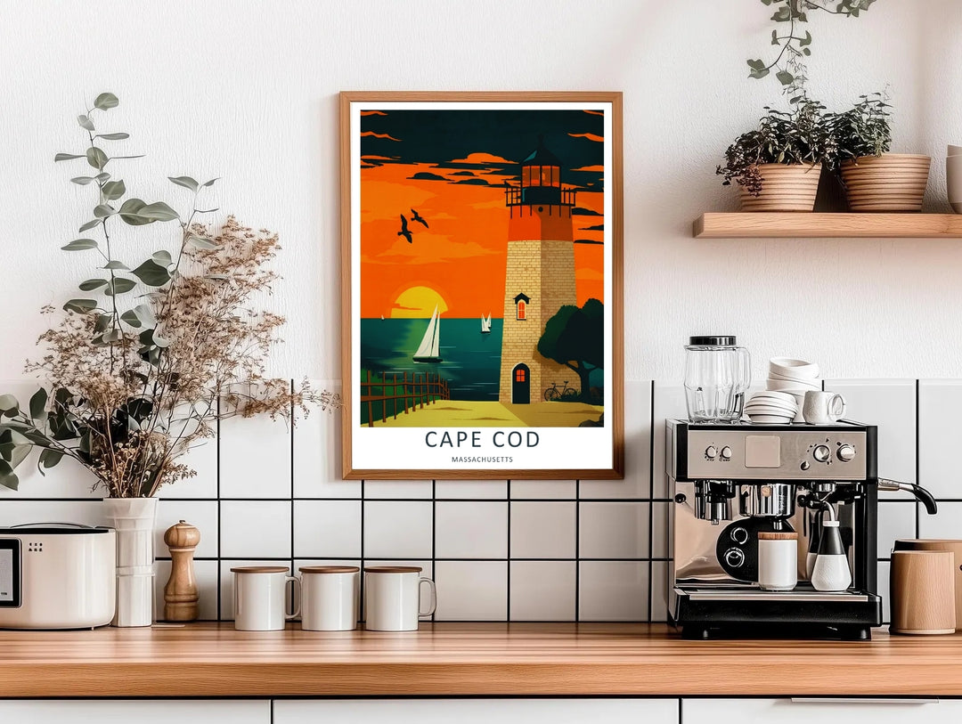 Cape Cod coastal path with a wooden picket fence leading toward a glowing sunset over the ocean in a modern Massachusetts print. Upgrade your bedroom wall decor with this MapYourDreams design, available as a framed print or stretched canvas.