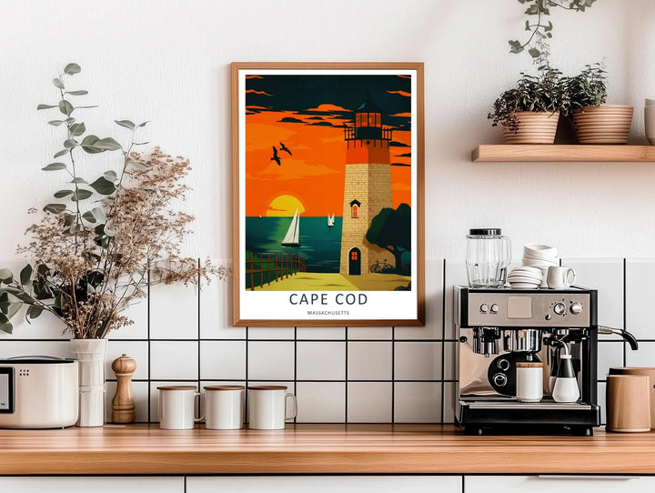 Cape Cod coastal path with a wooden picket fence leading toward a glowing sunset over the ocean in a modern Massachusetts print. Upgrade your bedroom wall decor with this MapYourDreams design, available as a framed print or stretched canvas.