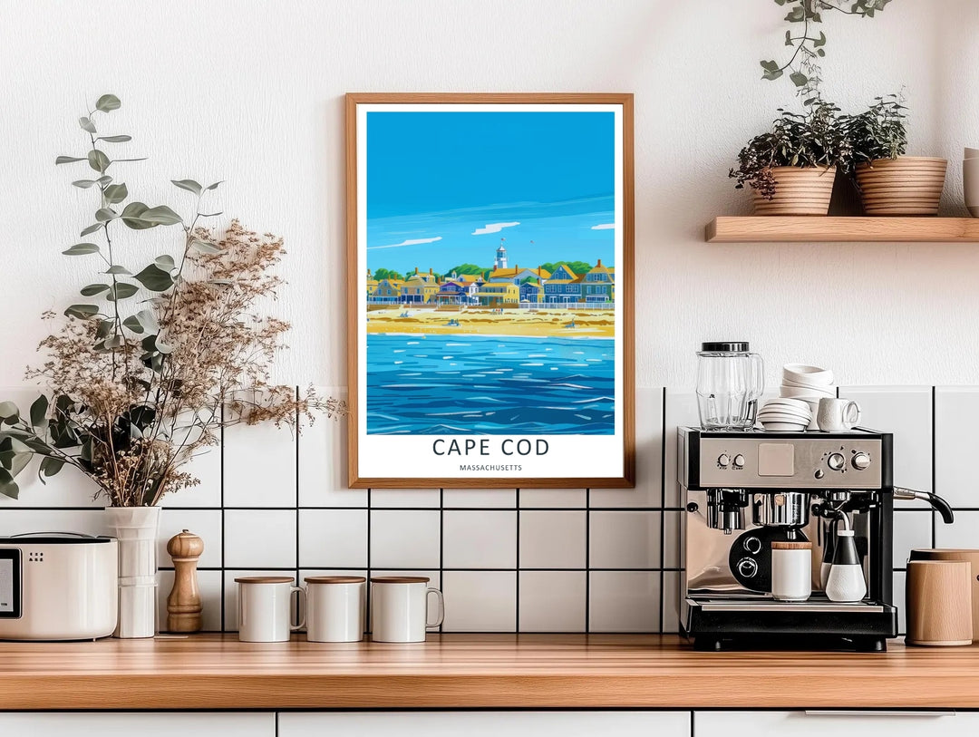 Cape Cod coastal town scene capturing a bright blue sky and a wide sandy beach fronting a beautiful marina village. This poster makes great beach house wall art as a framed print or simple paper poster.