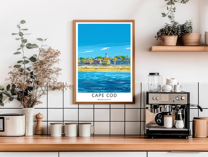 Cape Cod coastal town scene capturing a bright blue sky and a wide sandy beach fronting a beautiful marina village. This poster makes great beach house wall art as a framed print or simple paper poster.