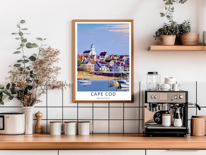 Cape Cod nautical destination art print highlighting the peaceful afternoon views of a Massachusetts harbor and sailing resort town. Elevate your gallery wall with this MapYourDreams poster available in framed, canvas, and print formats.