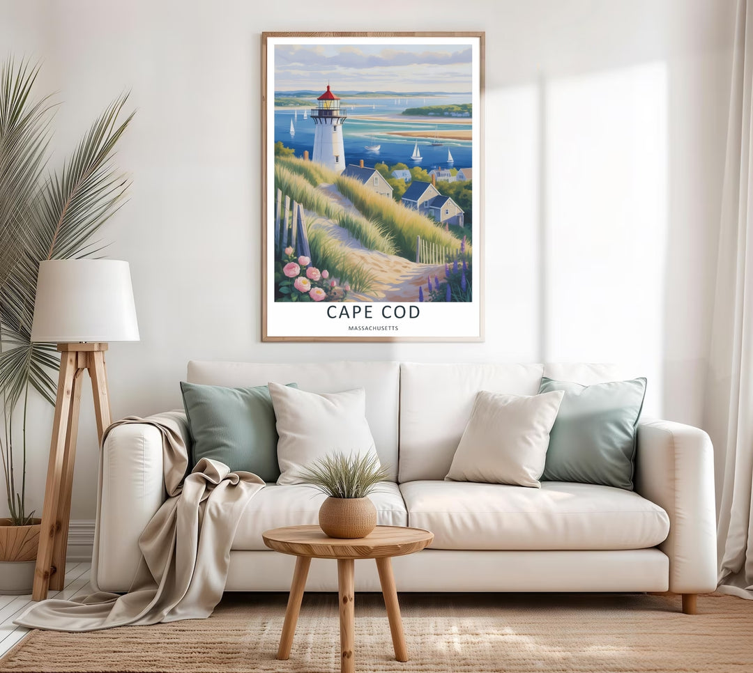 Gentle afternoon light hitting coastal cottages and sand dunes in a vintage-style Cape Cod travel poster. This premium wall art can be purchased as a stretched canvas, framed print, or minimalist paper poster.