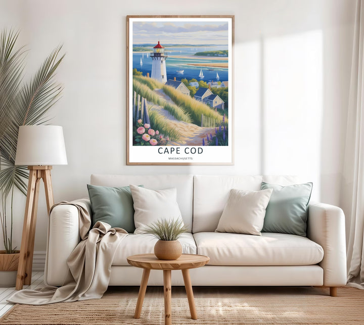 Gentle afternoon light hitting coastal cottages and sand dunes in a vintage-style Cape Cod travel poster. This premium wall art can be purchased as a stretched canvas, framed print, or minimalist paper poster.