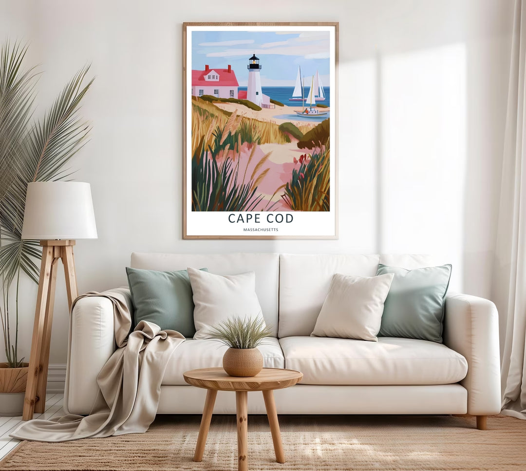 Crisp maritime landscape print depicting sailing yachts resting on light blue ocean water near a scenic harbor in Cape Cod. An ideal poster for office wall decor, available in versatile framed and poster options.