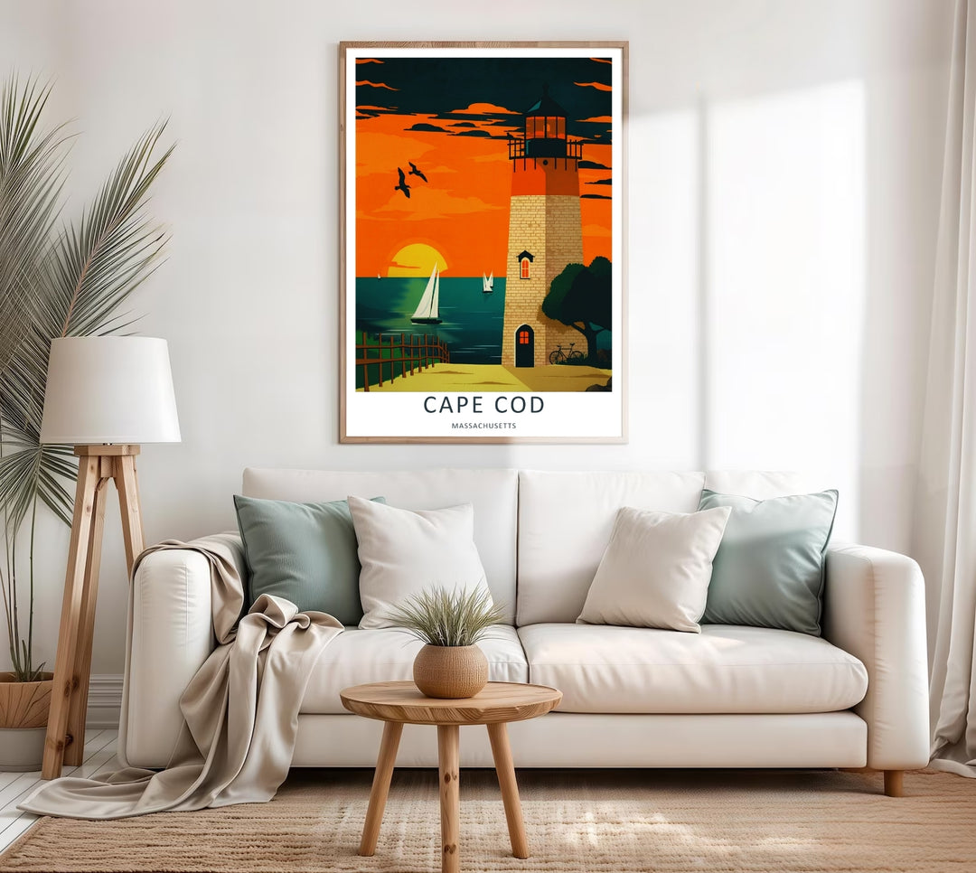 Cape Cod ocean sunset horizon lines behind a historic lighthouse with birds flying through dark evening clouds. A scenic nature poster from MapYourDreams, crafted expertly as an unframed print, wood-framed art, or canvas.