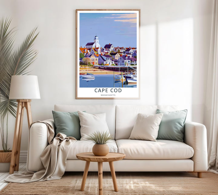 Cape Cod graphic vector style harbor poster illustrating a bright summer afternoon in a historic Massachusetts town. This beautiful landscape wall art by MapYourDreams comes as an unframed poster, gallery canvas, or custom framed print.