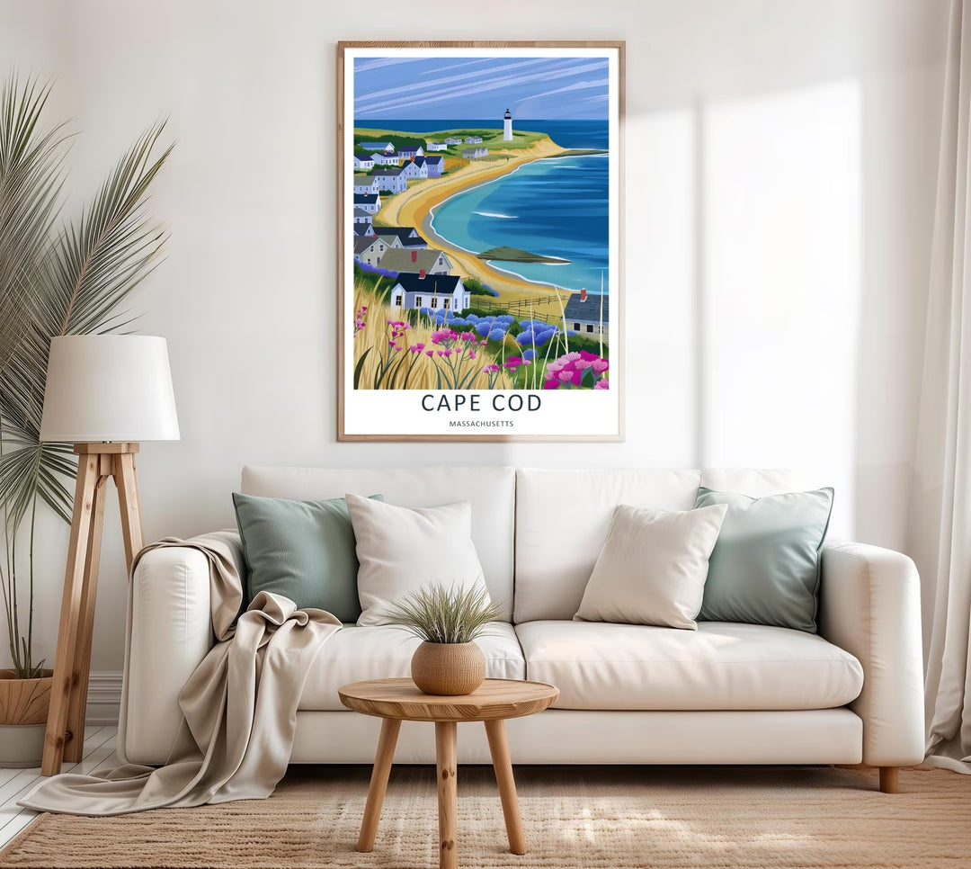 Cape Cod coastal print showing vibrant pink beach flowers and blue hydrangeas growing on grassy bluffs. High-quality wall decor available in versatile framed, canvas, and unframed print options.