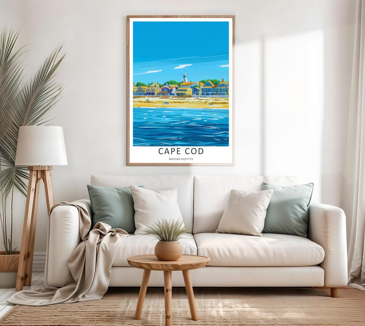 Cape Cod graphic art print showcasing the sandy shoreline, historical beach homes, and nautical resort lifestyle of New England. This decorative village print is perfectly suited for modern homes as a framed print or simple paper poster.