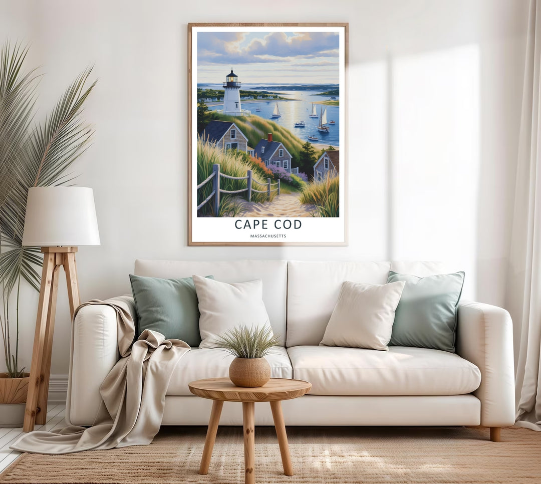 Cape Cod ocean horizon lines behind a historic white lighthouse over a grassy sand hill with shifting afternoon clouds. A scenic nature poster from MapYourDreams, crafted expertly as an unframed print, wood-framed art, or canvas.