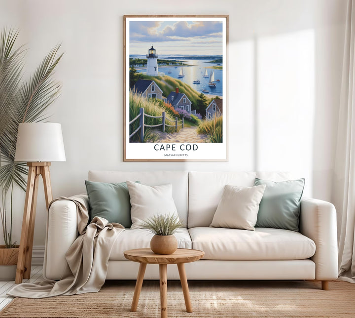 Cape Cod ocean horizon lines behind a historic white lighthouse over a grassy sand hill with shifting afternoon clouds. A scenic nature poster from MapYourDreams, crafted expertly as an unframed print, wood-framed art, or canvas.
